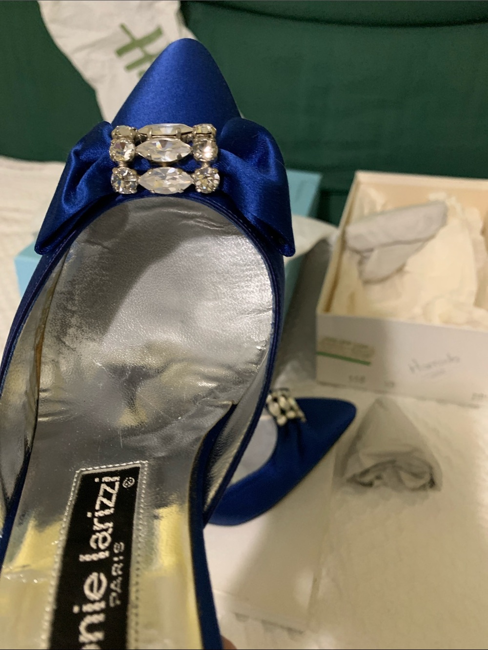 Sidonie Larizzí Harrods 38.5 Royal Blue Satin Pointed Toe Heels Crystal Buckle - Picture 9 of 10